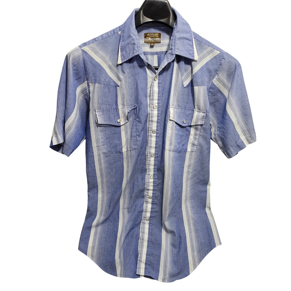 Vintage Outlaw Western Wear Men Blue White Short Sleeve Pearl Snap Shirt LT Tall